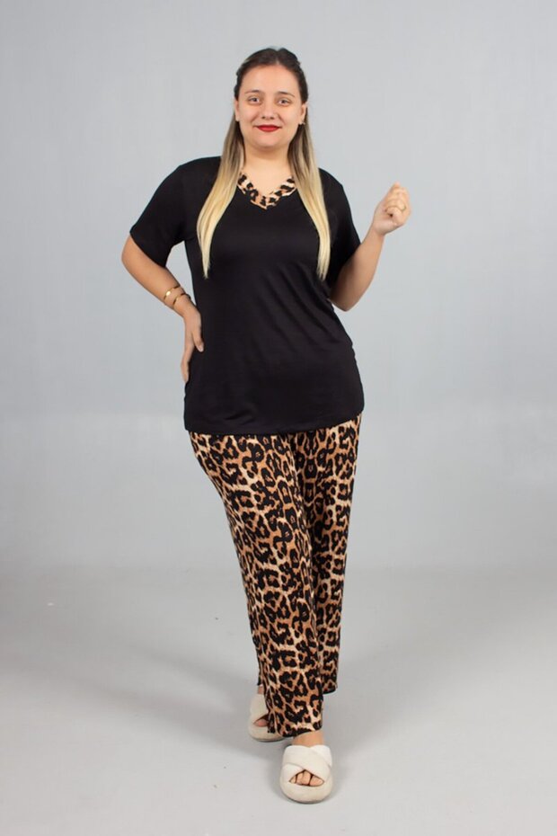 Plus Size Leopard Bottom Wide Leg & Black V-Neck Top Pajama Set – Soft Lycra Viscose