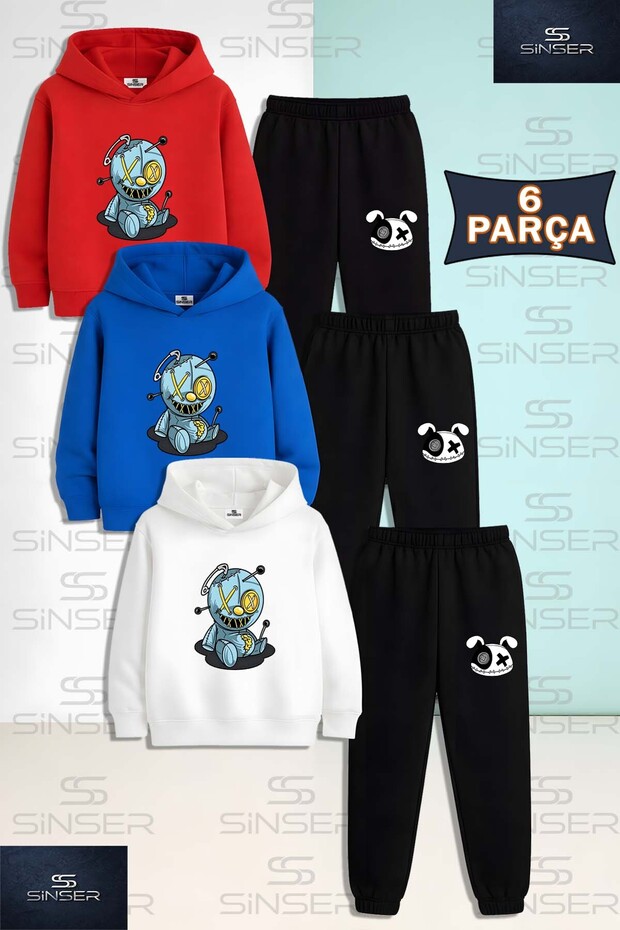 Children's Unisex Teddy Bear Patched Turquoise Needle-Punched 3-Piece Hooded Tracksuit Set