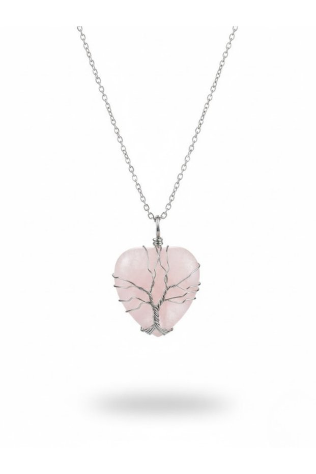 Tree of Life Detailed Heart Cut Natural Stone Steel Necklace