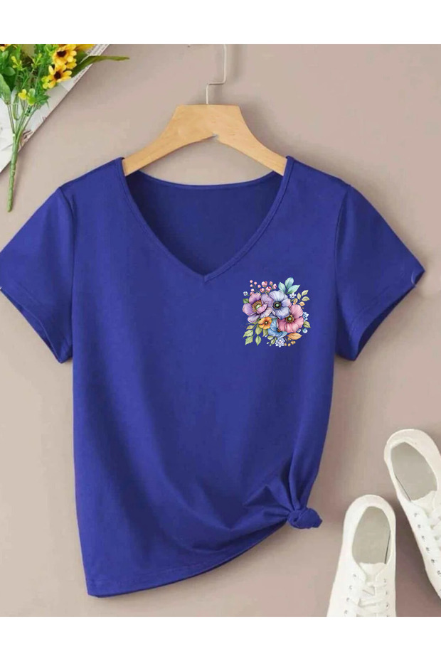 Pastel Flower Printed V-Neck Short Sleeve Combed Cotton Women's Tshirt