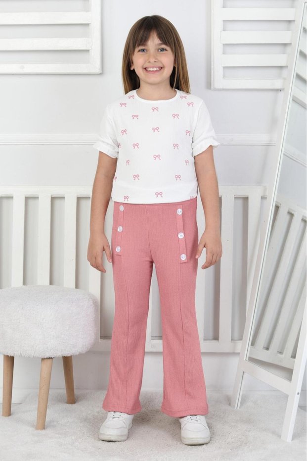 Girl's Bow Patterned White Blouse and Button Detailed Spanish Flared Trousers Set