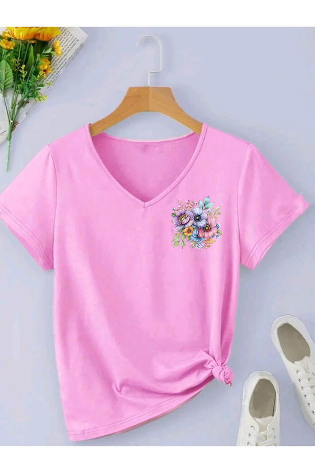 Pastel Flower Printed V-Neck Short Sleeve Combed Cotton Women's Tshirt