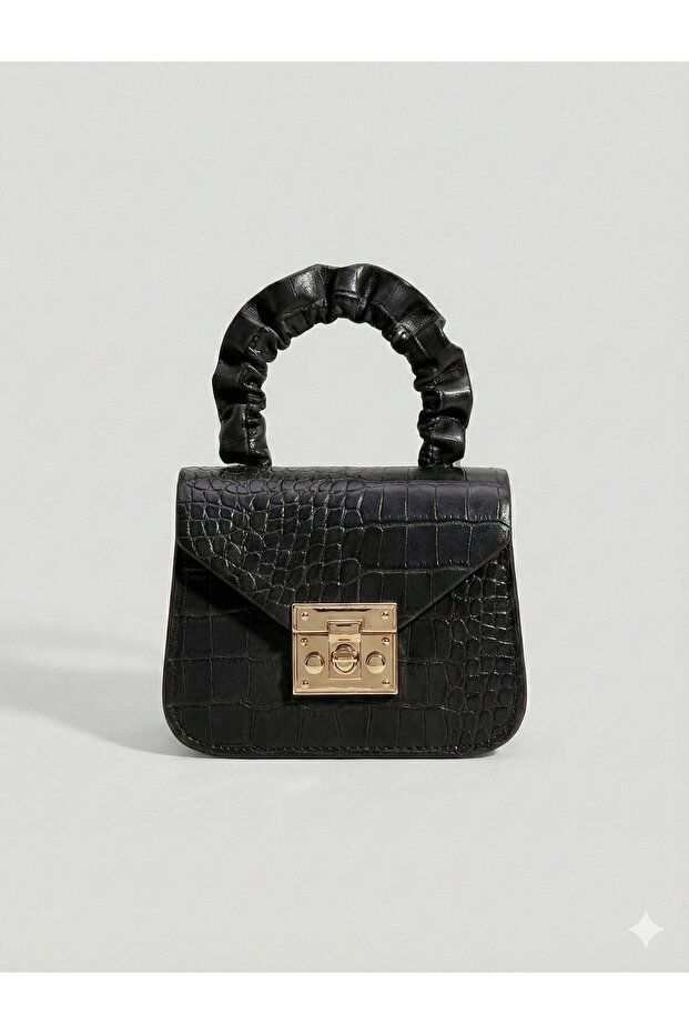 - Crocodile Patterned Mini Leather Bag with Drawstring Handle - 2