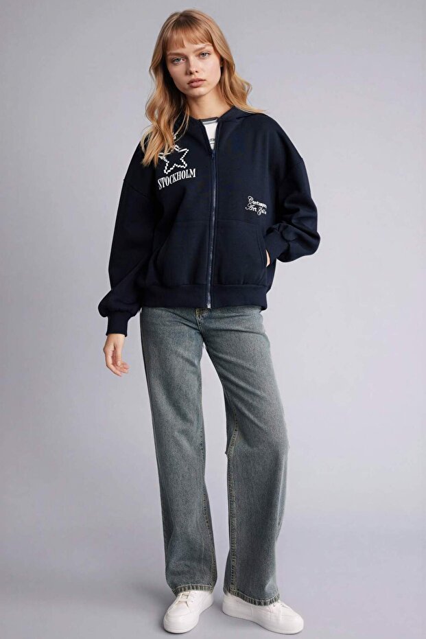 Oversıze Kapüşonlu Baskılı Fermuarlı Sweatshirt G9596AX26SP - 2