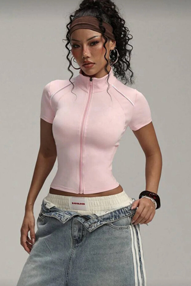 Y2K Zipper V-Neck Crop T-Shirt