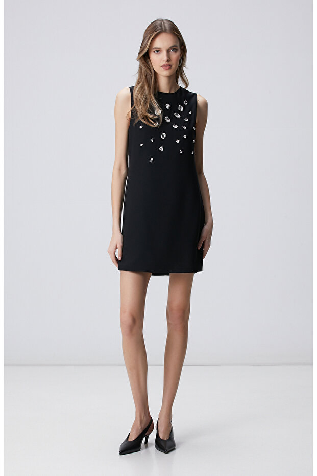 Siyah Taşlı Abiye Elbise - 1