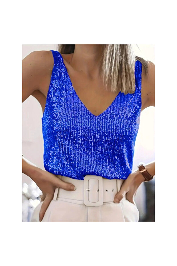 بلوزة بدون أكمام مطرزة بالترتر - أزرق بلون الكوبالت - 6