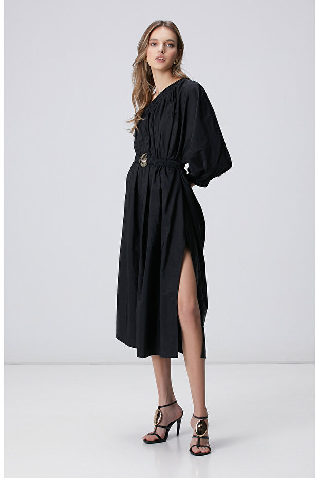 Siyah Midi Elbise - 4