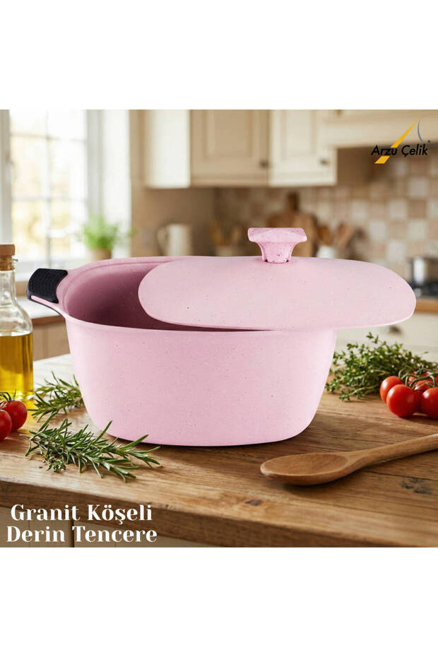 28 cm Granite Cornered Deep Pot with Aluminum Lid - Pink