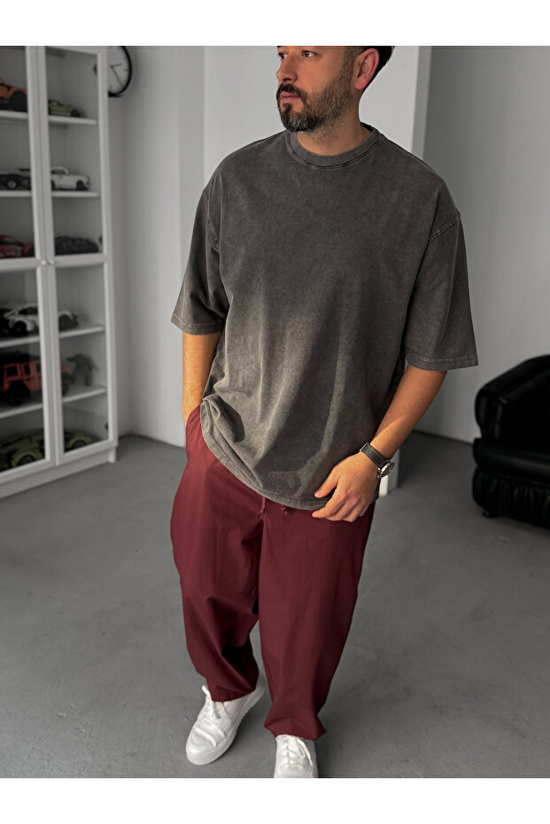 Antrasit Basic Yıkamalı Oversize T-Shirt JJ-295 - 1