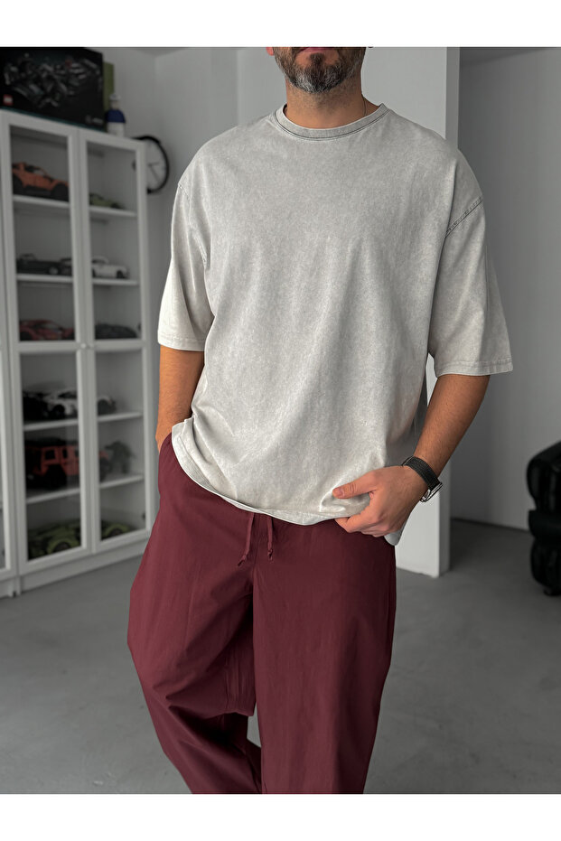Gri Basic Yıkamalı Oversize T-Shirt JJ-295 - 1