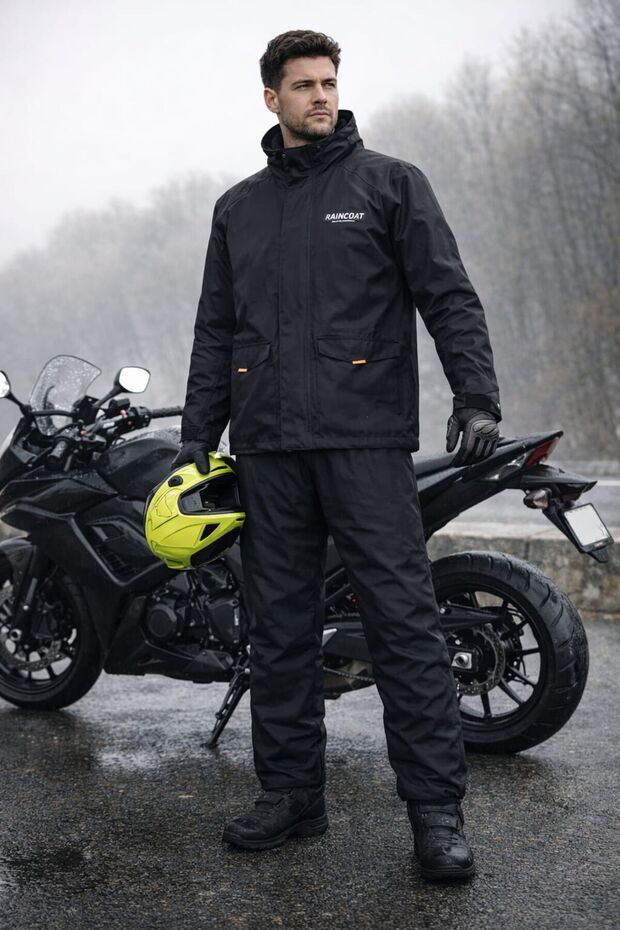 Upper and Lower Set Black Raincoat-Xxl