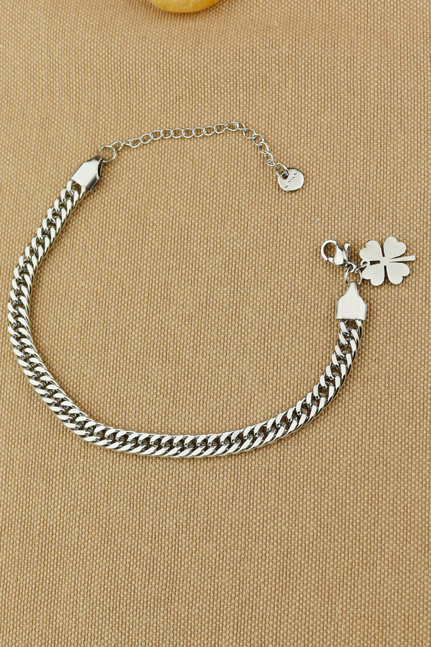 Steel Bracelet - 316L Steel Clover End Charm Tight Chain Non-Tarnish Non-Fade Steel Bracelet 18+5 cm
