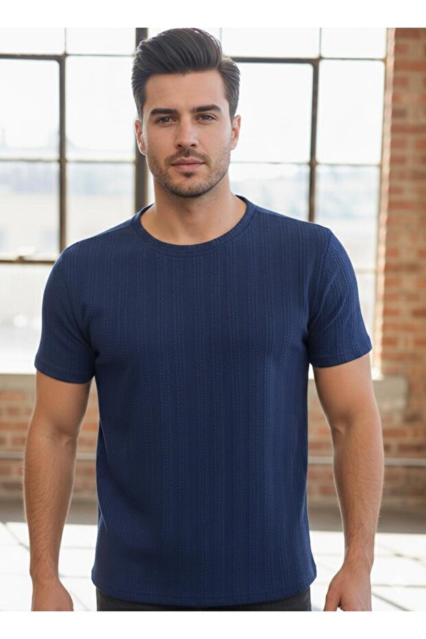 Men's Navy Blue Chain Patterned Knitwear Look Regular Fit Tshirt
