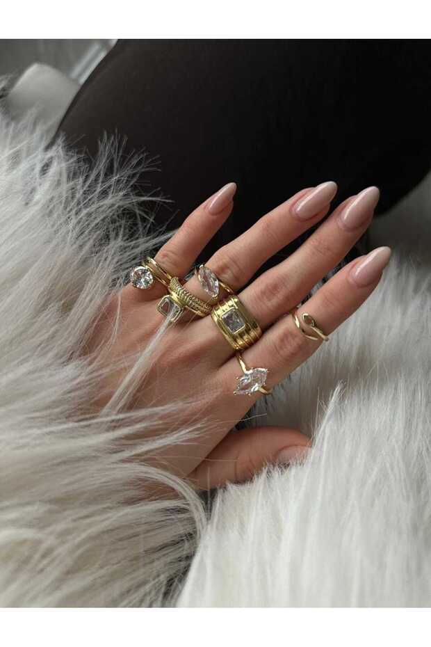 Gold Marquise Cut Round Pinky Ring Adjustable