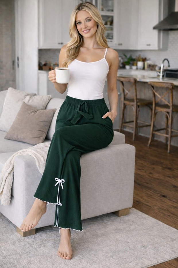 Cotton Breathable Fabric Ribbon Waist Detail Printed Women's Pajama Bottoms