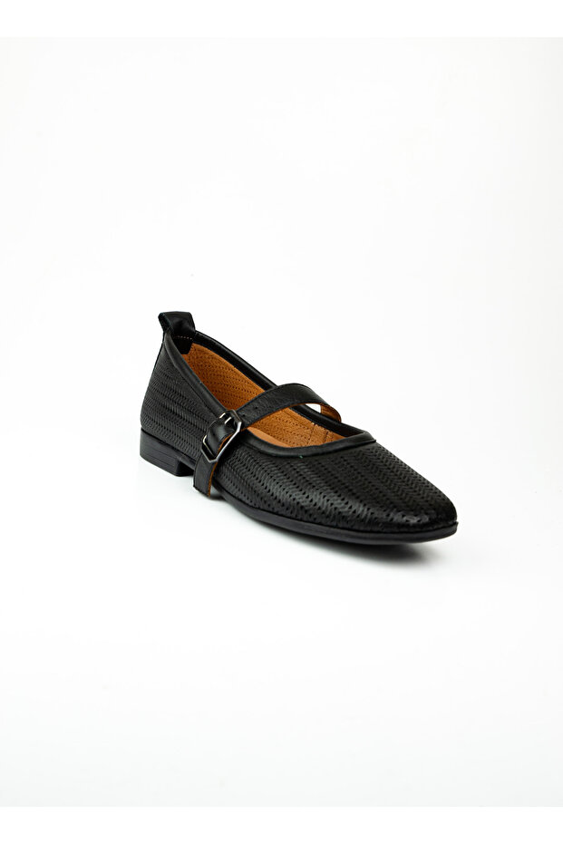 5057 Black Leather Strap Braided Women's Ballerinas