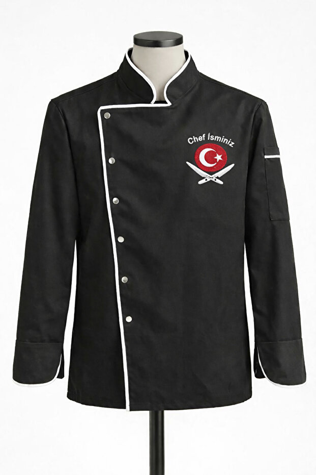 Turkish Flag Embroidered Black Chef Jacket | Name Embroidered Chef Jacket | Professional Kitchen Uniform