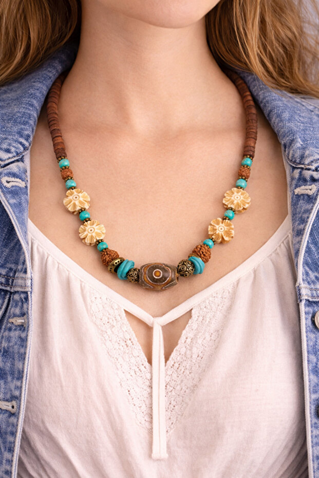 Sun Caravan – Turquoise & Earth-Tone Bohemian Bead Necklace