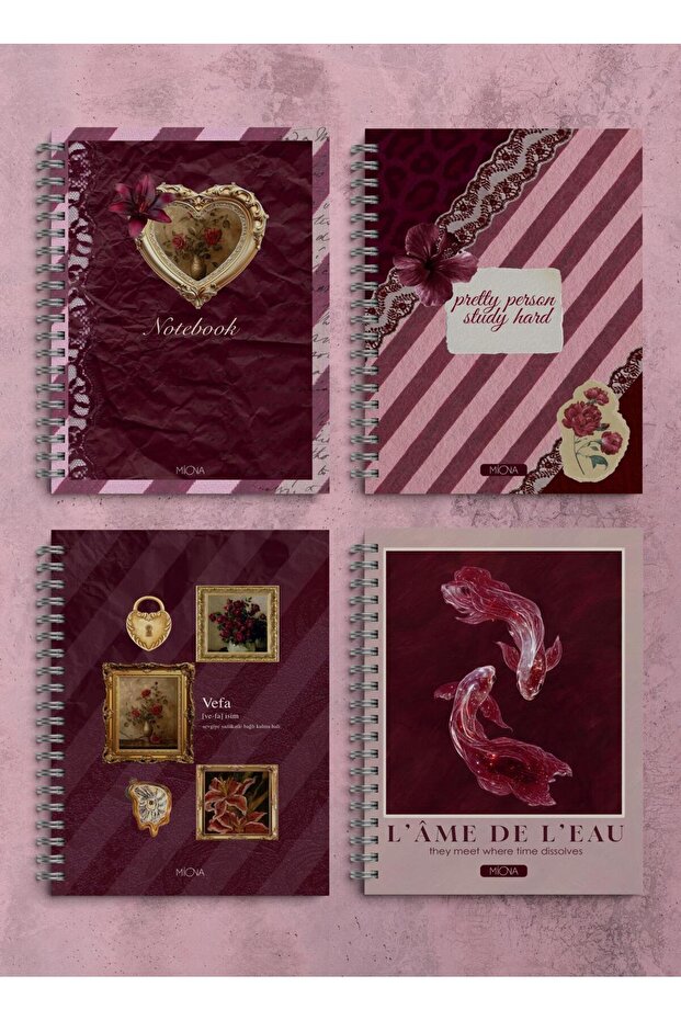 Miona A5 Spiralli Okul Defteri 60 Yaprak 4’lü Set Bordo Temalı 2 Çizgili - 2 Kareli Defter , Notebook