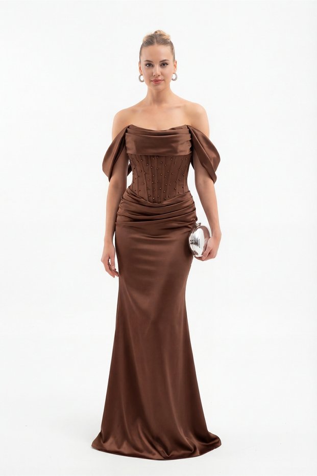 Women's Brown Slim Fit Boat Neck Beaded Long Satin Evening Dress