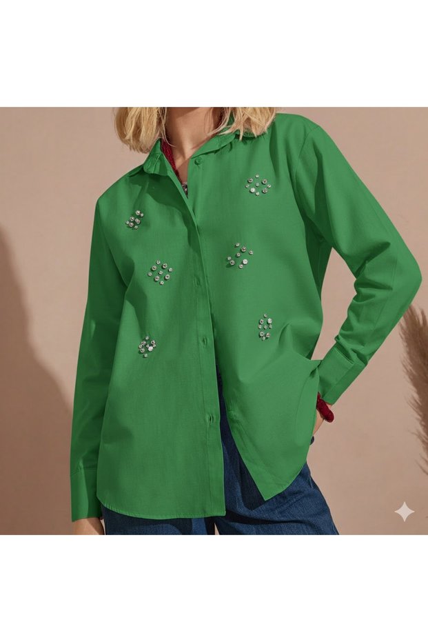 Women's Baby Blue Rhinestone-Embellished Oversized Cotton Shirt - Premium Series