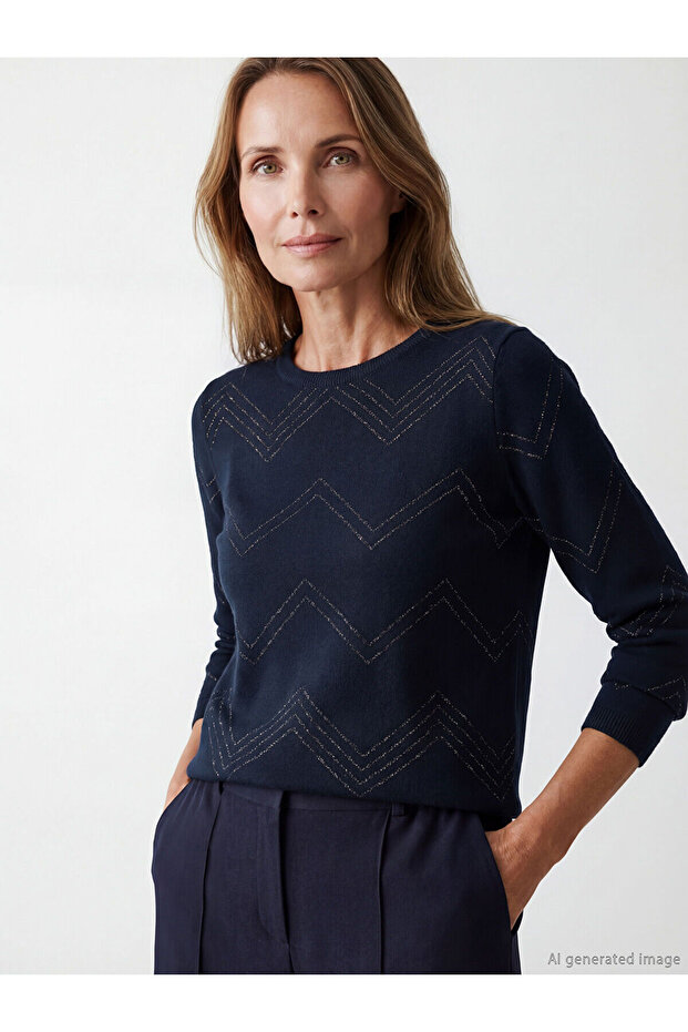 Navy Blue Crew Neck Patterned Women's Knitwear Sweater