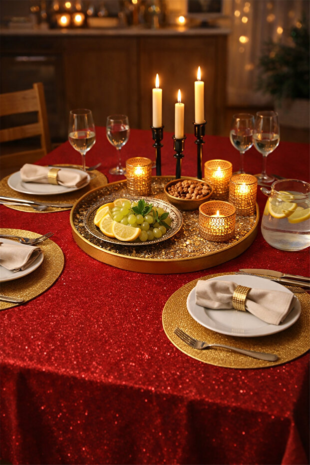 مفرش طاولة أحمر لامع - 2