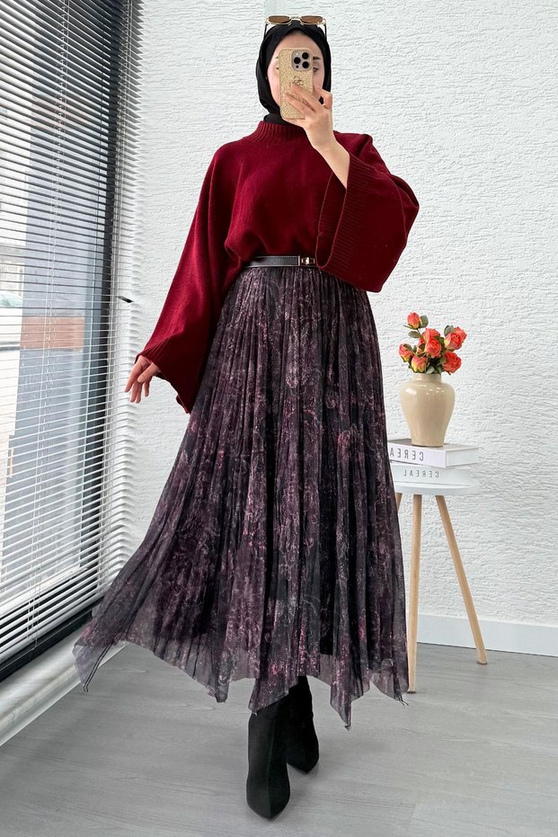 Asymmetrical Cut Lined Tulle Midi Skirt - Black Burgundy