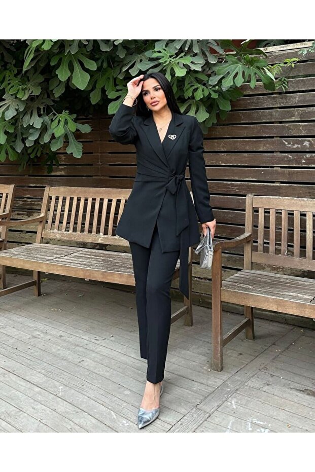 Black Brooch Detail Jacket and Pants Set