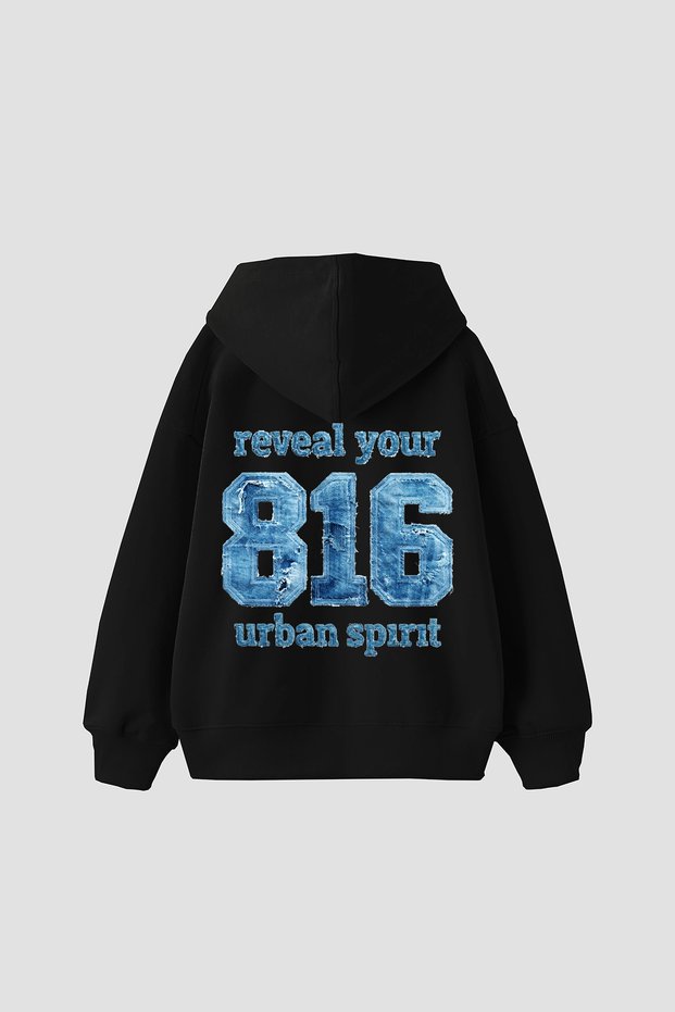 816 Urban Spirit Printed Oversize Unisex Black Hoodie