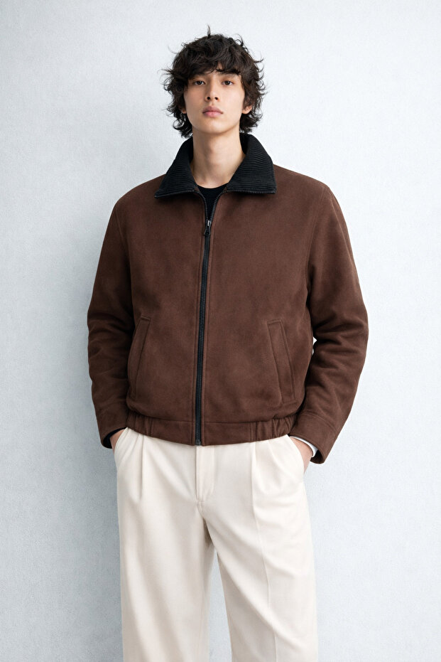 Men's Oversized Fit Bomber Suede Jacket with Velvet Collar Detail 26Use608
