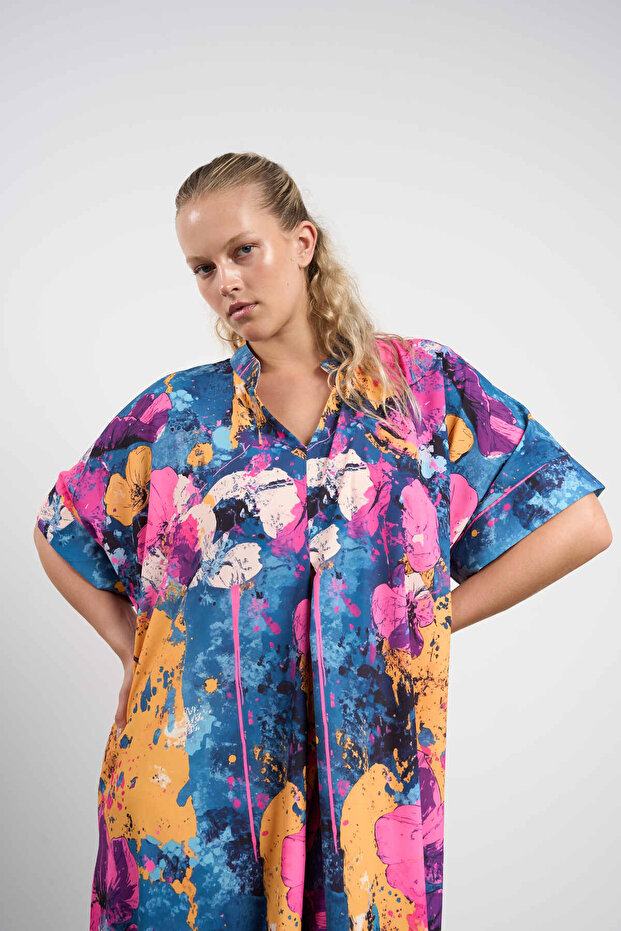 PATTERNED V-NECK LONG DRESS - 2