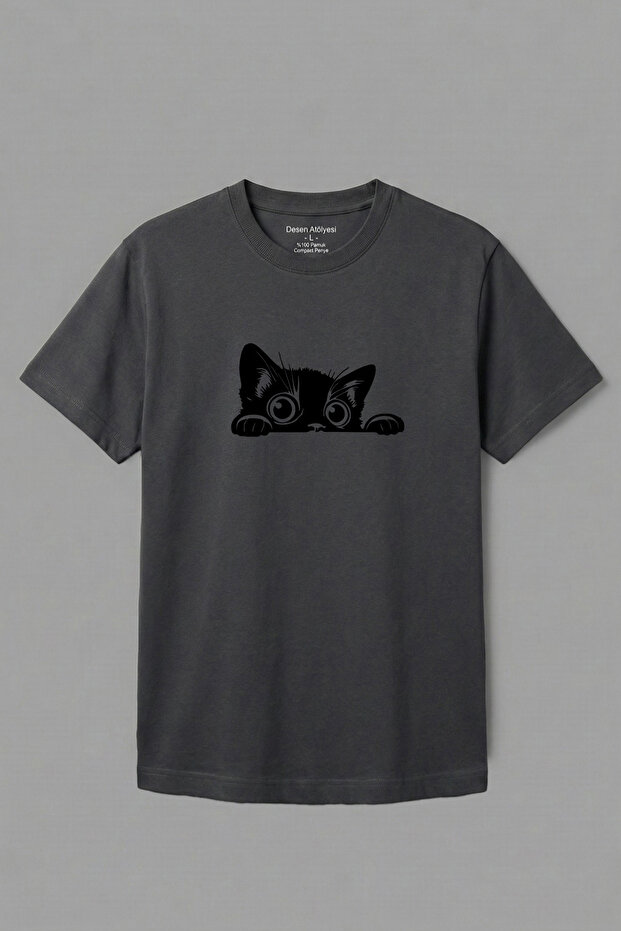 Cotton Curious Cat Printed Smoked Basic Crew Neck Short Sleeve T-Shirt for Men - Women