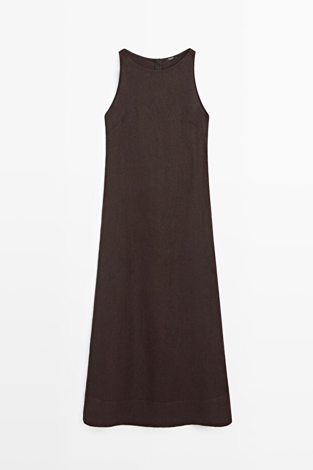 Keten halter midi elbise - 1