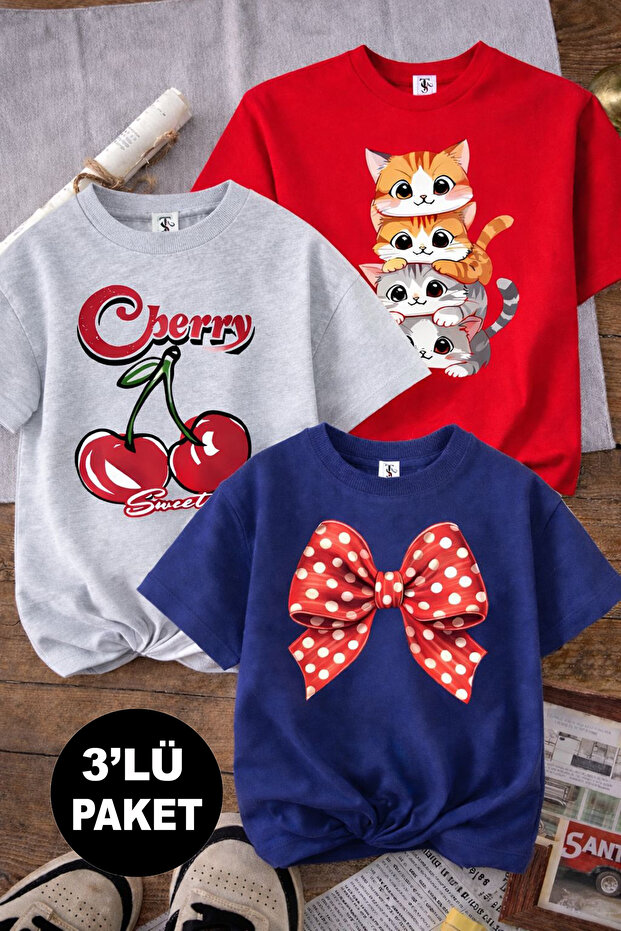 Cat and Cherry Printed 3-Pack Navy Blue-Grey-Red Girls' T-Shirts