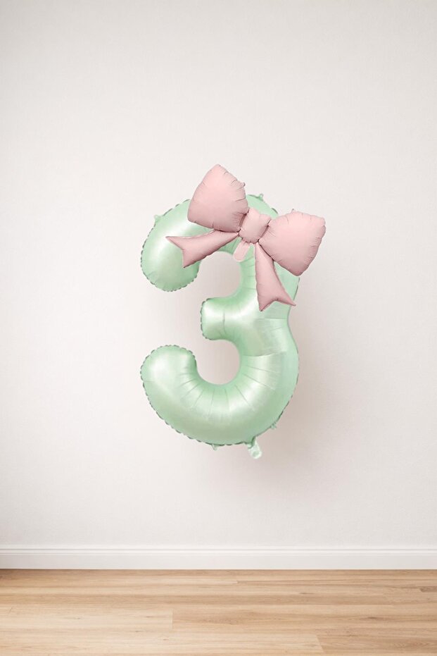 Pink Bow & Sage Green Number 3 Foil Balloon Set