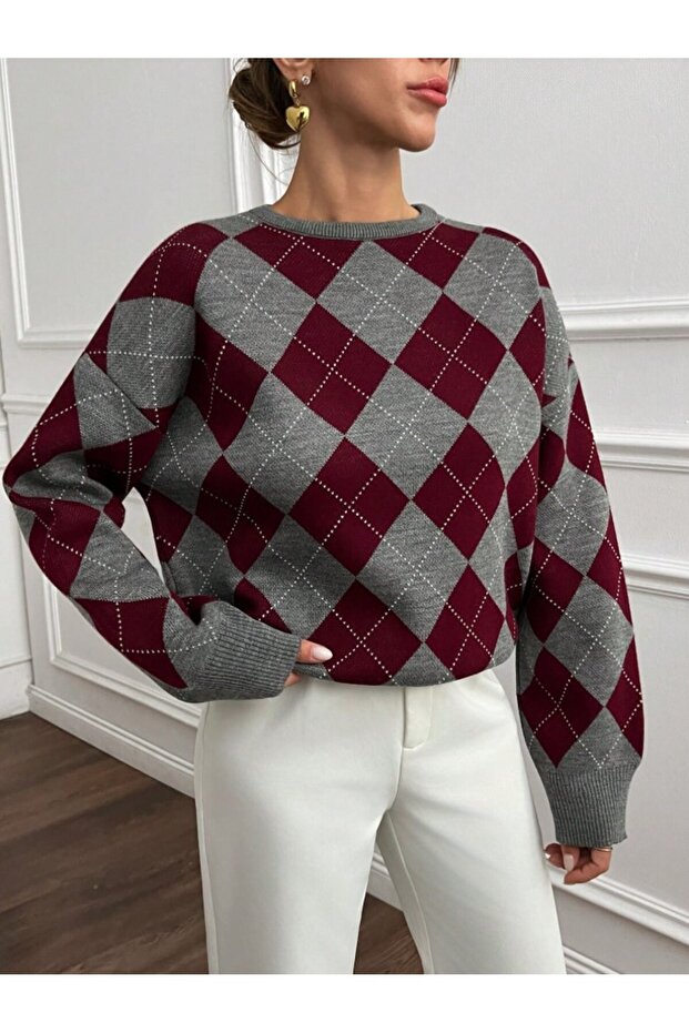 Women's Square Patterned Knitwear Sweater
