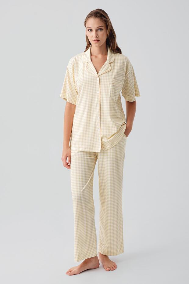 Short Sleeve Buttoned Pocketed Gingham Cotton Pajama Set