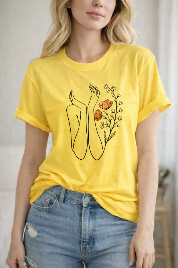 Flower and Hands Printed Cotton Relaxed Fit Round Neck Unisex T-Shirt