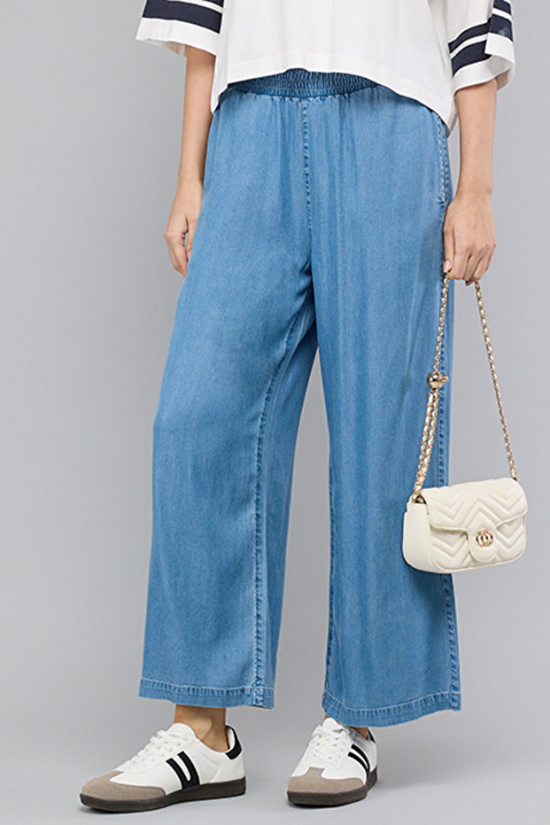 Women's Blue Washed Wide Leg Denim Pants with Elastic Waist