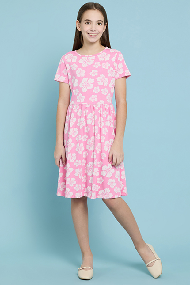 Girl's Pink Floral Printed Fit & Flare Dress with Crew Neck and Short Sleeves