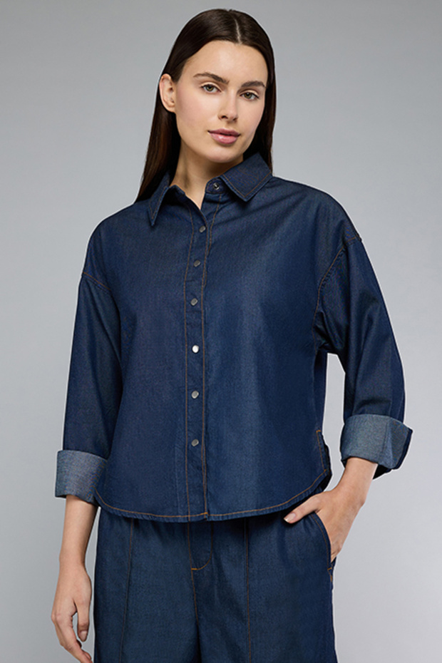 Women's Dark blue Washed Denim Shirt with Classic Collar and Long Sleeves