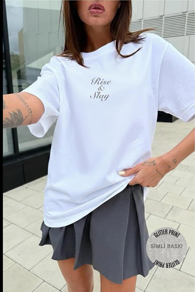 Women's White Rise Slay Sim Printed Oversize Tshirt