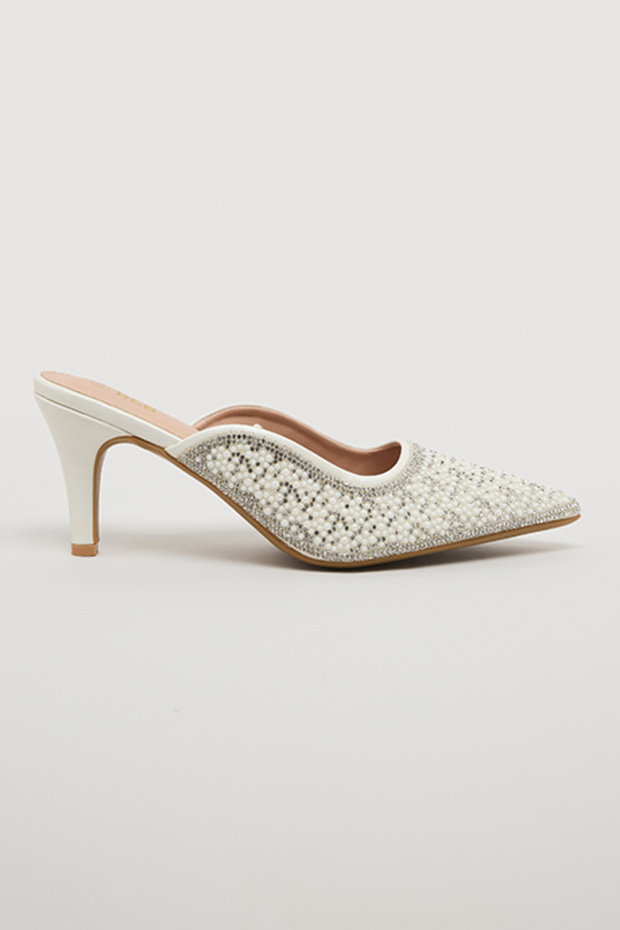 Women's White Embellished Mule Pumps