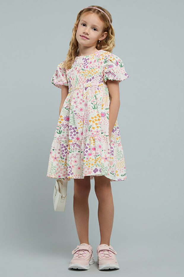 Girl's Cream Printed Tiered Dress with Crew Neck and Puff Sleeves