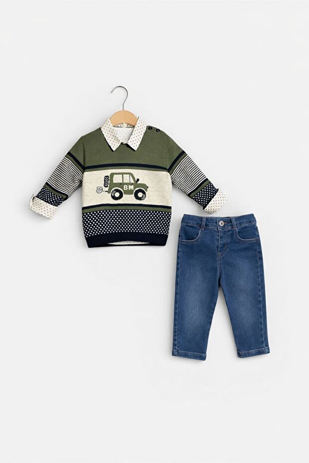 Baby Boy Retro Car Patterned Knitwear & Shirt Denim 3-Piece Set