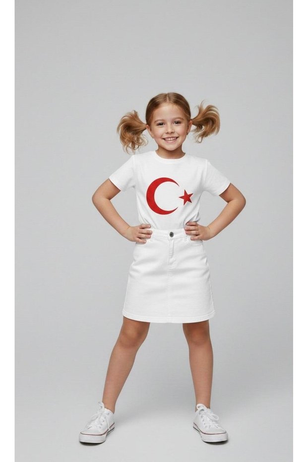 Girl's Ayyildiz Flag Printed T-Shirt and Linen Skirt Set 23 April Show Outfit-Special Holiday