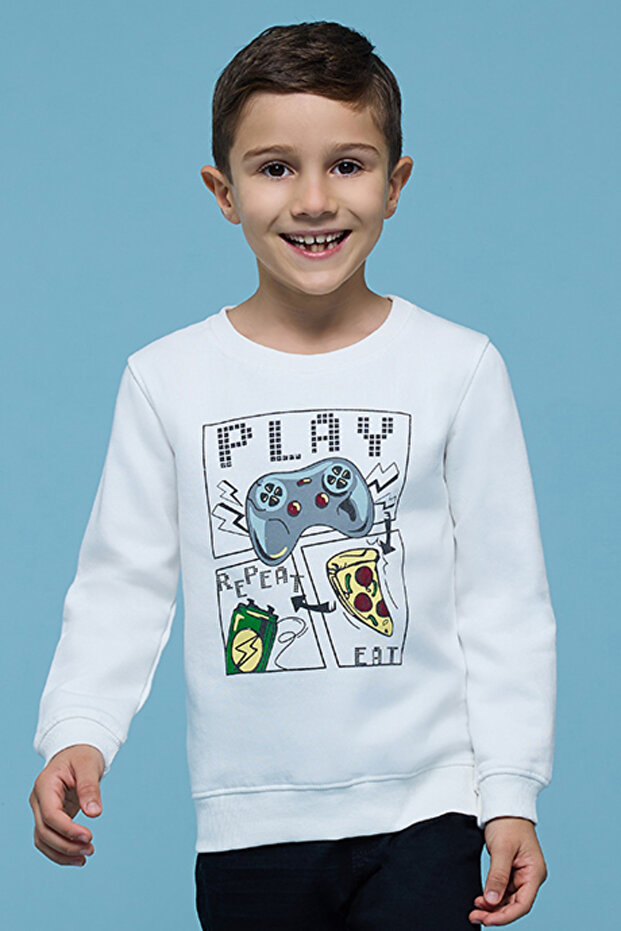 Boy's Cream Printed Sweatshirt with Crew Neck and Long Sleeves