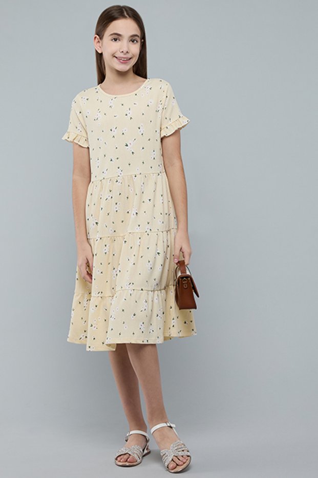 Girl's Yellow Printed Tiered Dress with Cre Neck and Short Sleeves